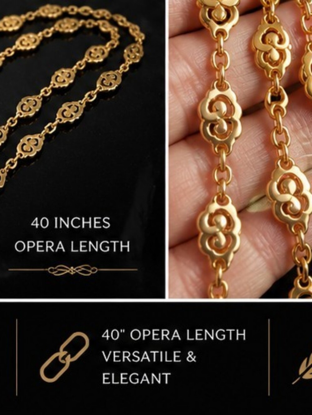 Vintage Crown Trifari Gold Tone Opera Length Necklace Heavy Scroll Link Chain - Picture 4 of 6